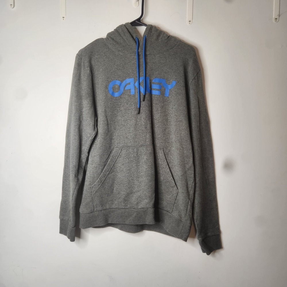 Oakley Mens Hoodie Medium Heather Grey Blue Logo Pullover Regular Fit Sweatshirt